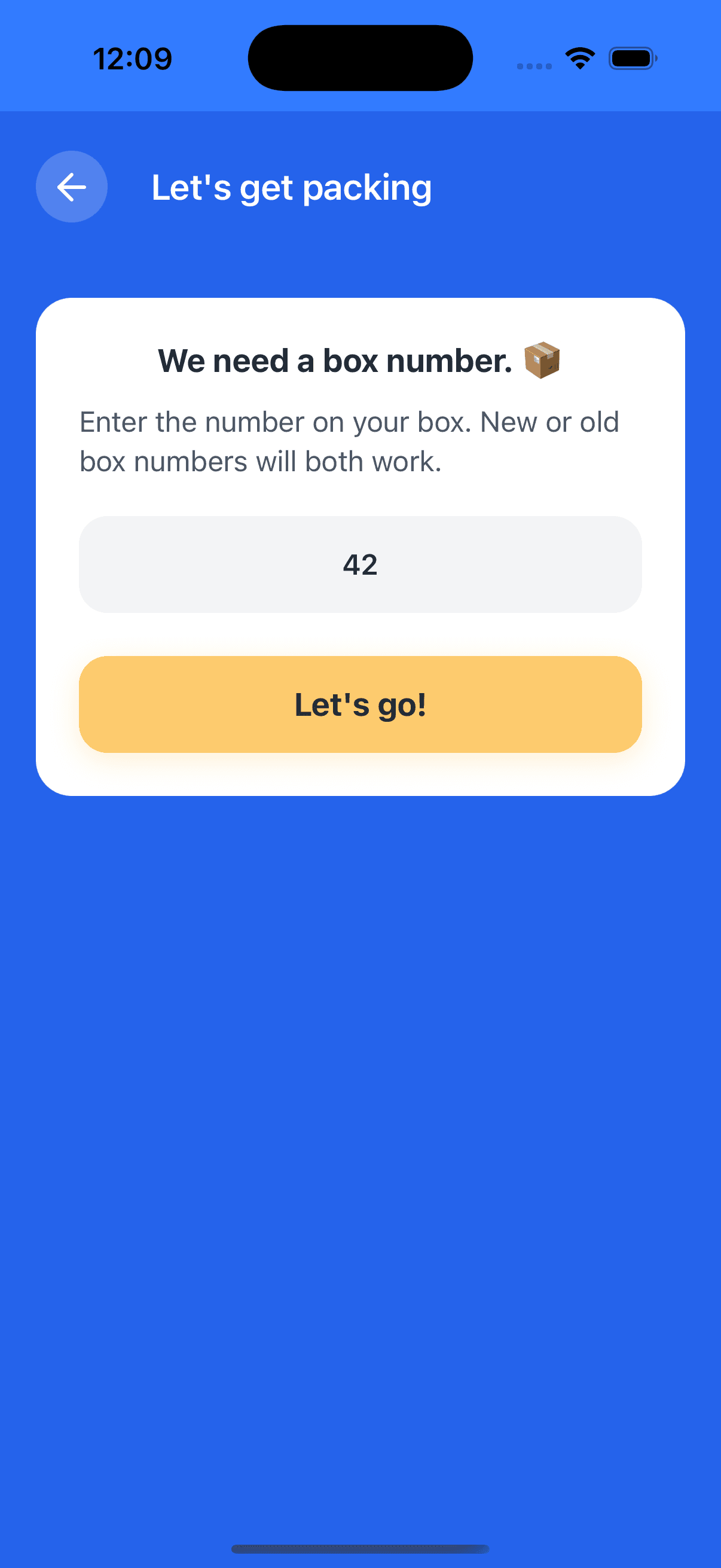Box'd screen for entering a box number before packing.