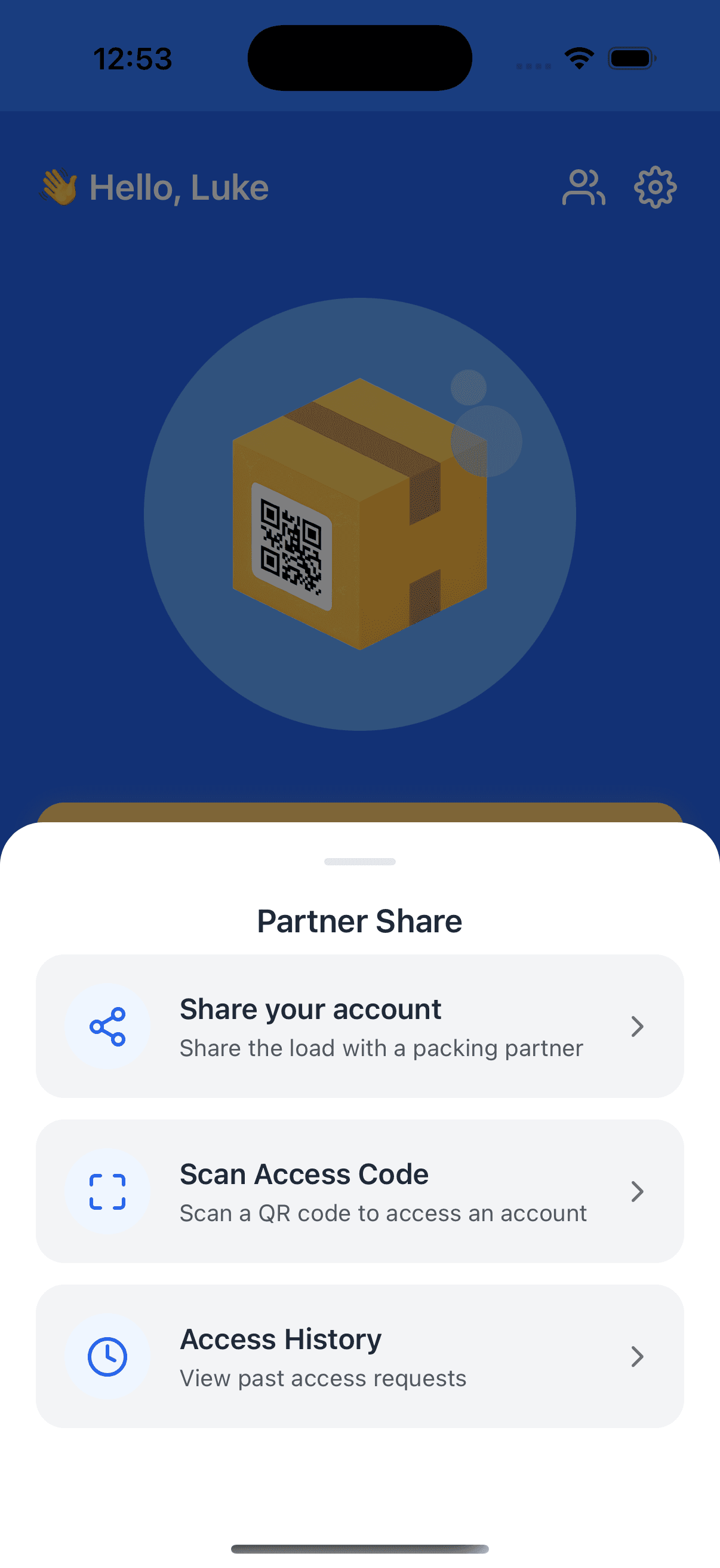 Box'd Partner Share menu for sharing account access.