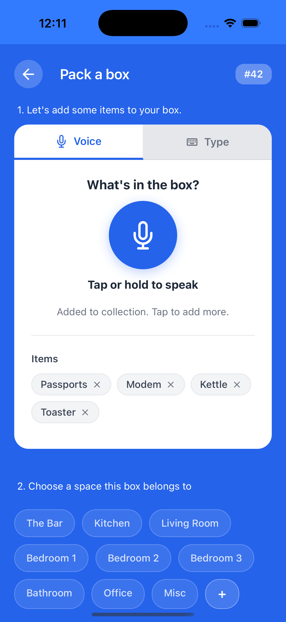 Box'd voice input screen for adding items while packing a box.